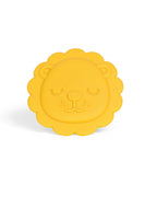 A yellow silicone lion teether with a sleeping face design, shown on a clean white background.